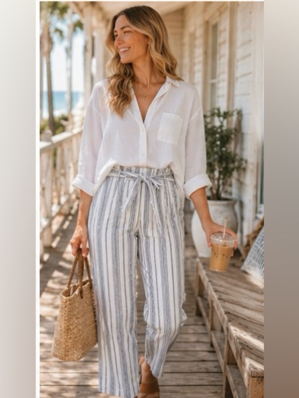 Madewell Linen Paperbag Pants Size 10 Coastal Stripe Crop Tie Waist Summer